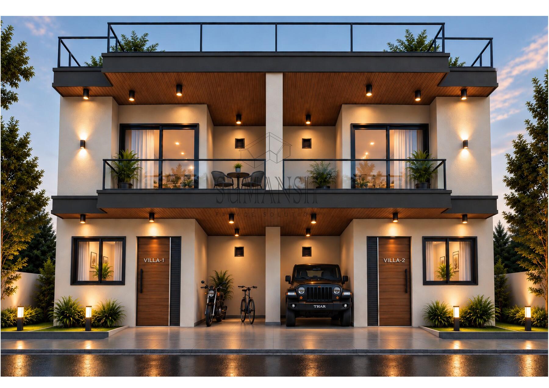 Render of two duplex villas at dusk